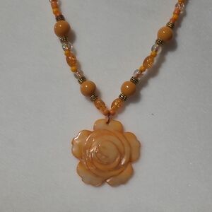 Artisanal Carved Mother of Pearl Rose Statement Necklace – Sunset Orange